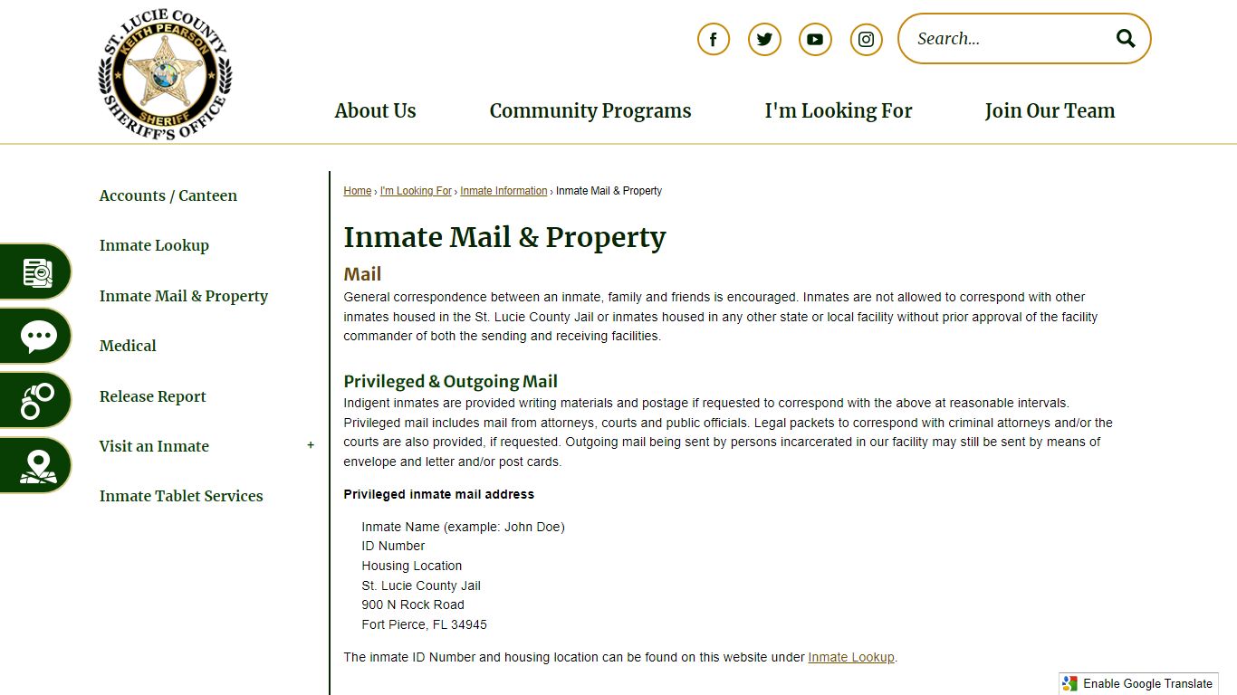 Inmate Mail & Property | St. Lucie Co Sheriff's Office, FL